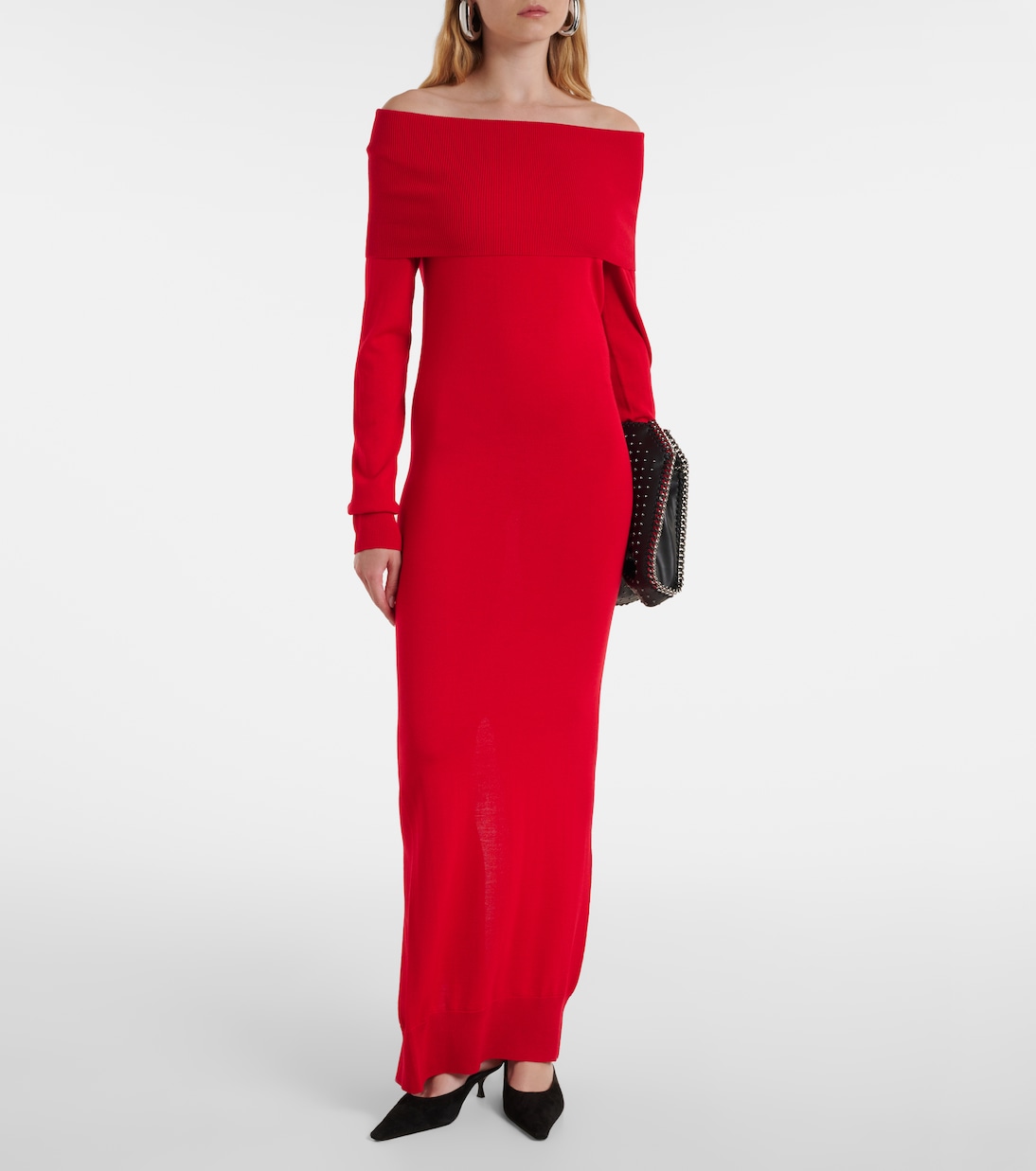 Длинное платье из натуральной шерсти с открытыми плечами Stella McCartney, Lipstick Red — фото 2