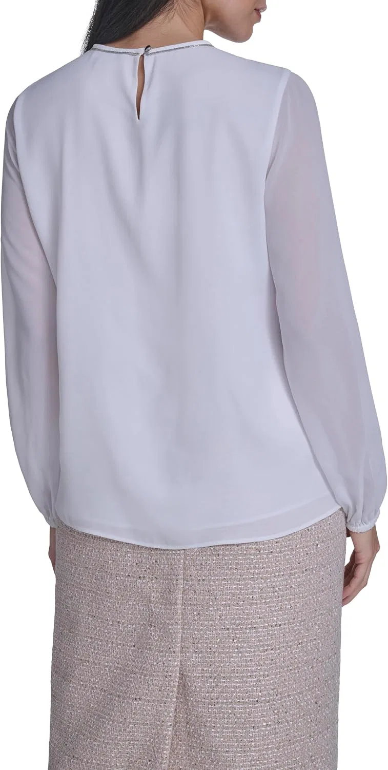 Блуза с длинным рукавом Long Sleeve Neck Trim Blouse, Calvin Klein, белый — фото 4