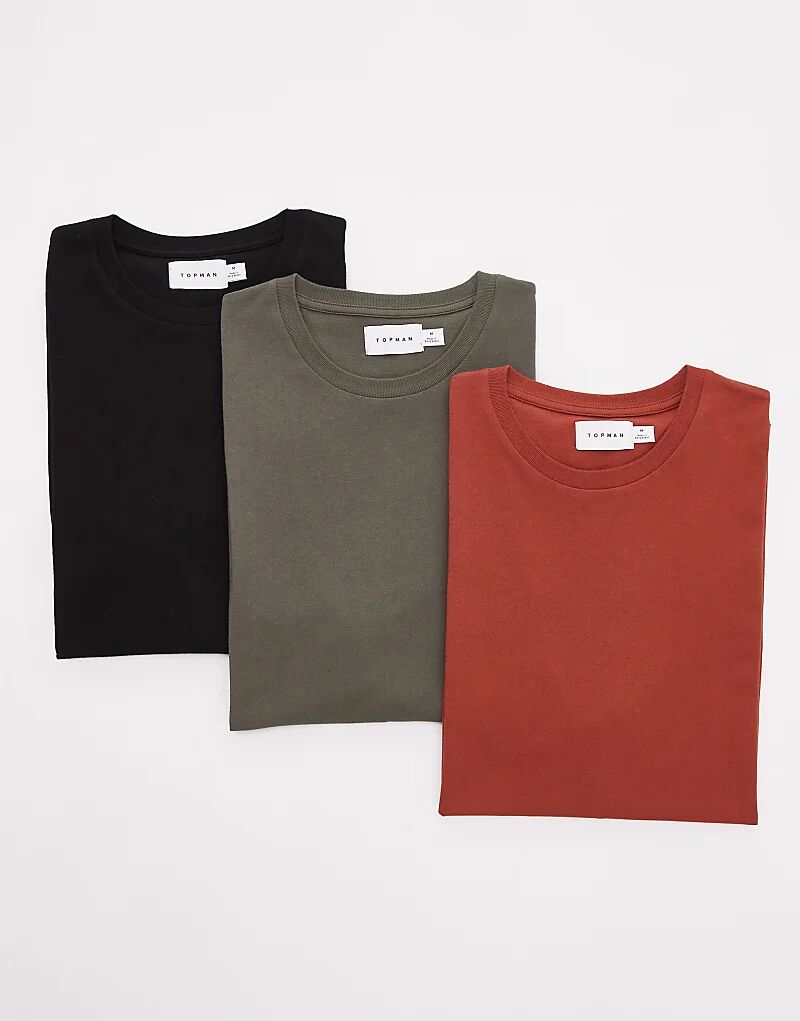 

Упаковка из 3 футболок стандартного кроя черного, хаки и бордового цветов Topman