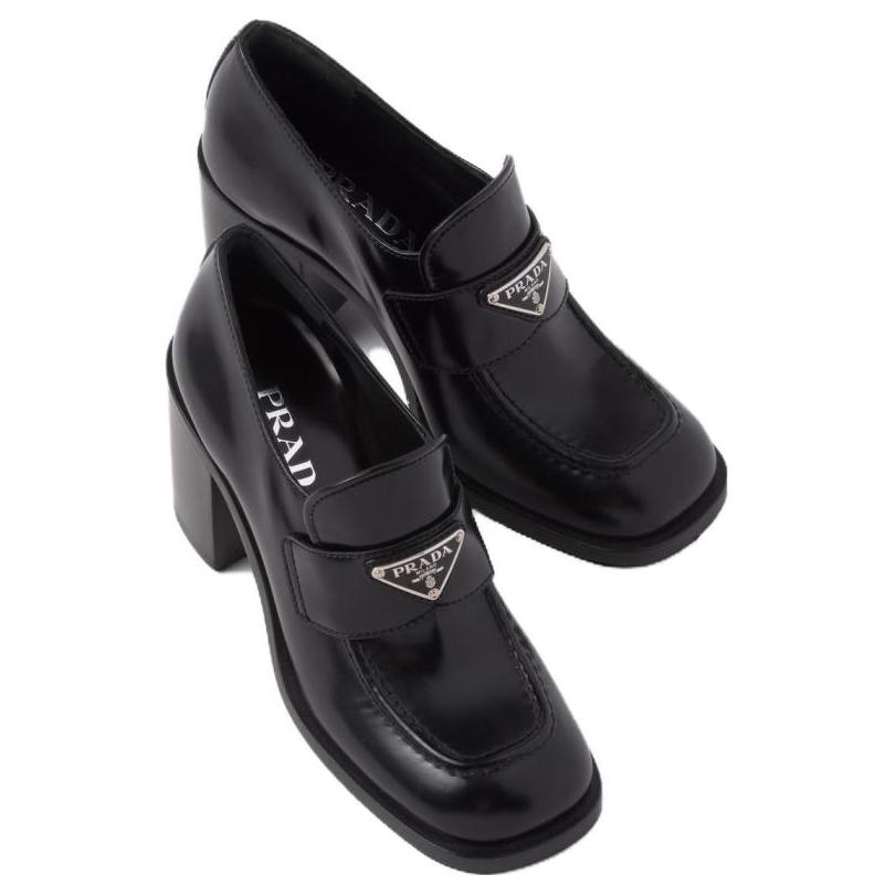 Приталенные кожаные лоферы на высоком каблуке 'Black' Женские PRADA