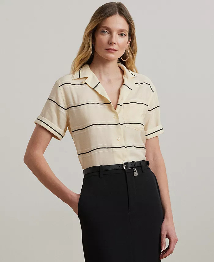 

Укороченная полосатая рубашка с коротким рукавом Petite Striped Short-Sleeve Camp Shirt Lauren Ralph Lauren, коричневый/бежевый