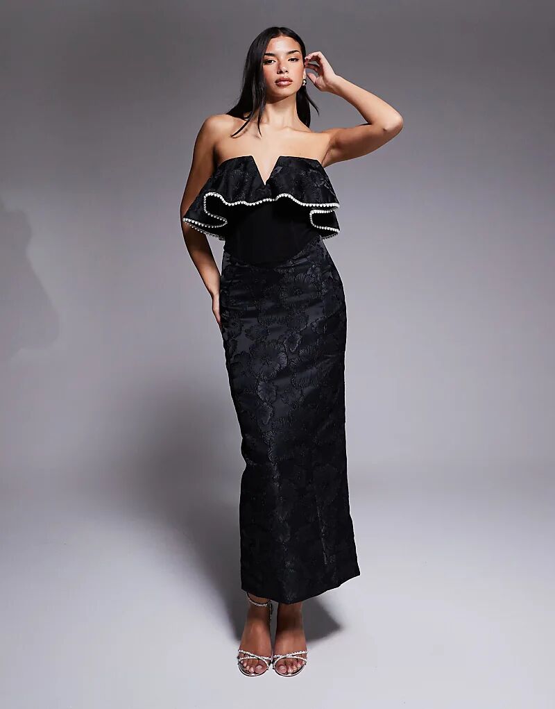 

Платье макси ASOS LUXE из жаккарда с вырезом лодочкой и жемчужной отделкой, черное