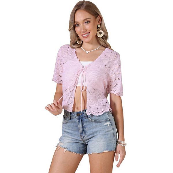 

Кроп-кардиган с ажурной вязкой и завязкой спереди Inspire Chic, Pink