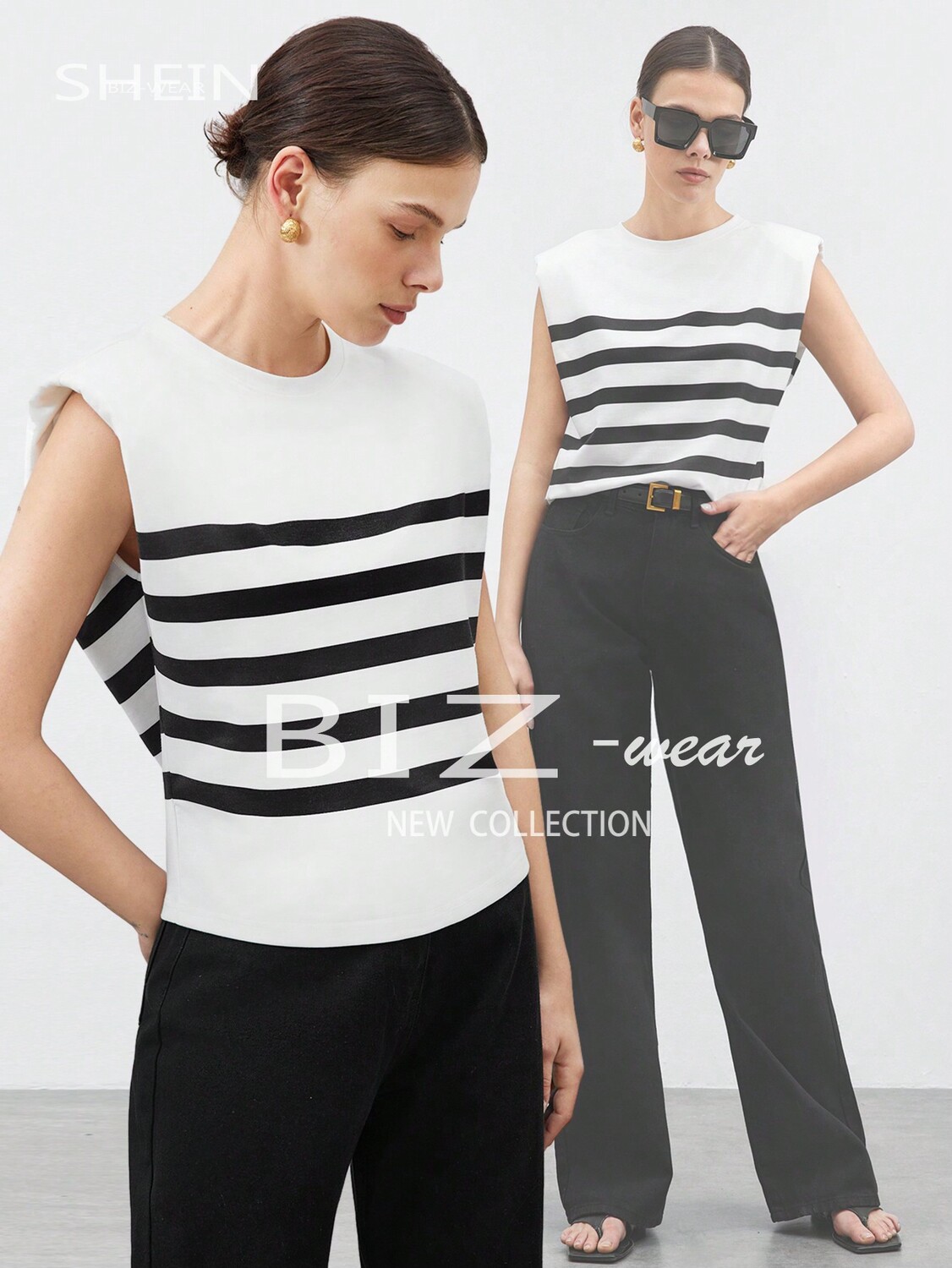 

SHEIN BIZwear женская майка, в полоску, с подплечниками, черный и белый