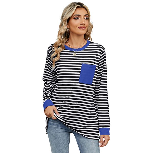 

Женская футболка с круглым вырезом и длинным рукавом, свободного кроя, с нагрудным карманом и разрезами по бокам Joyjoy, Black