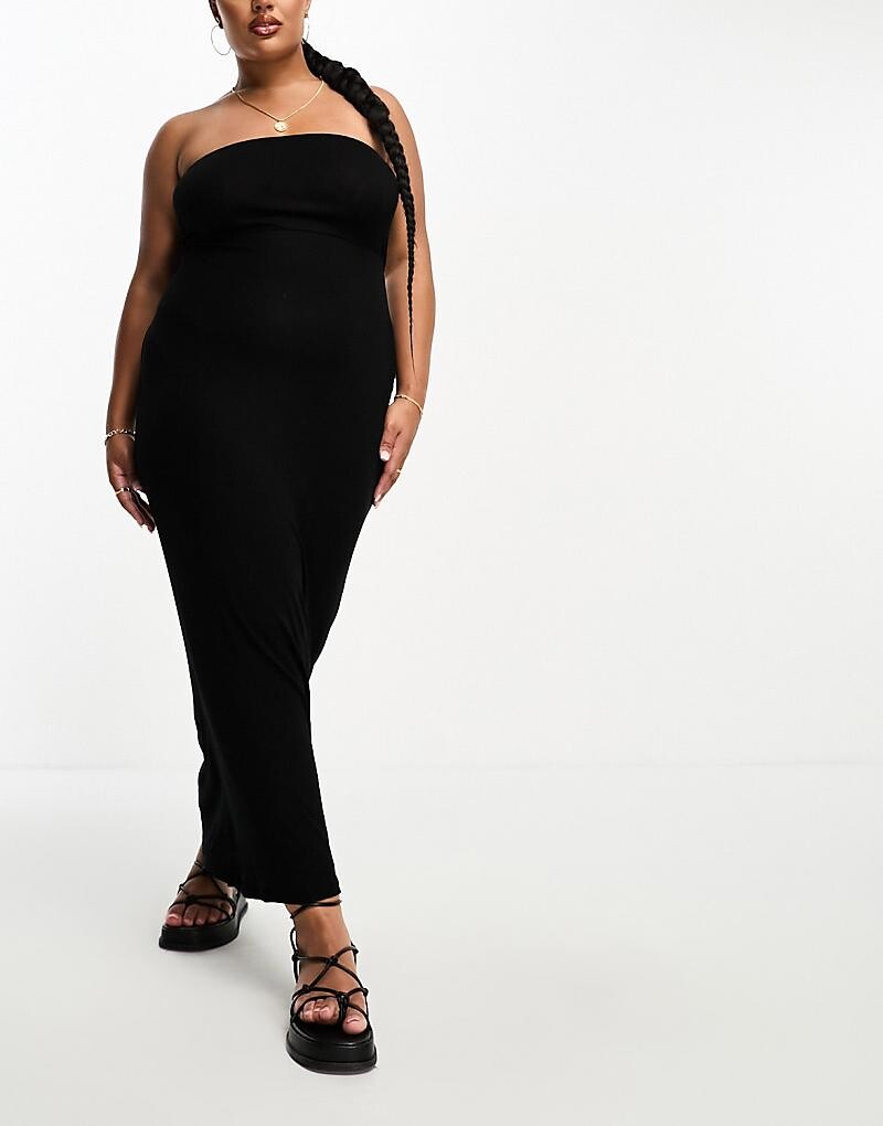 

ASOS DESIGN Curve — черное пляжное платье макси в рубчик с вырезом-бандо