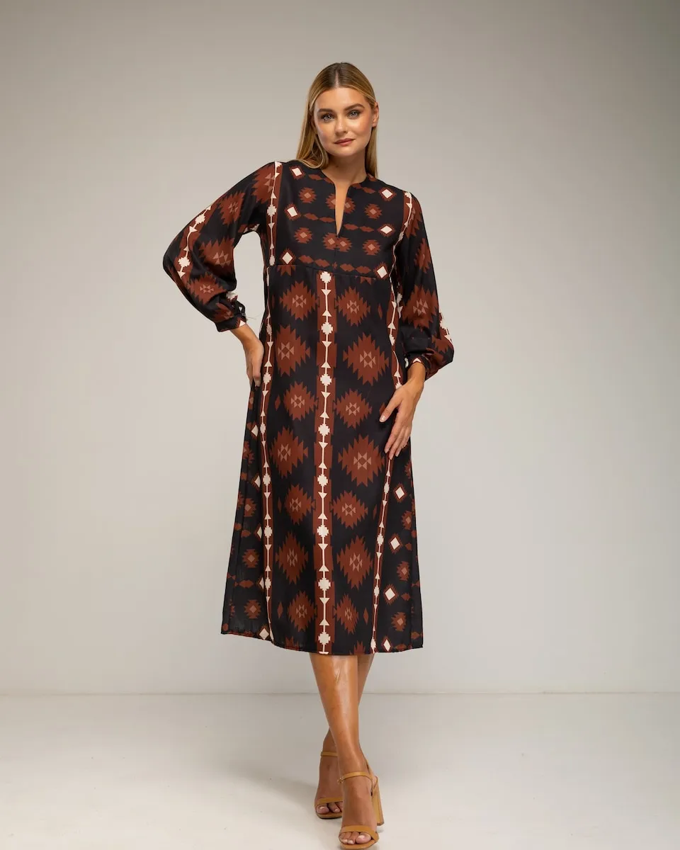 

Миди-платье из льна с этническим принтом в стиле туники Tantra, коричневый