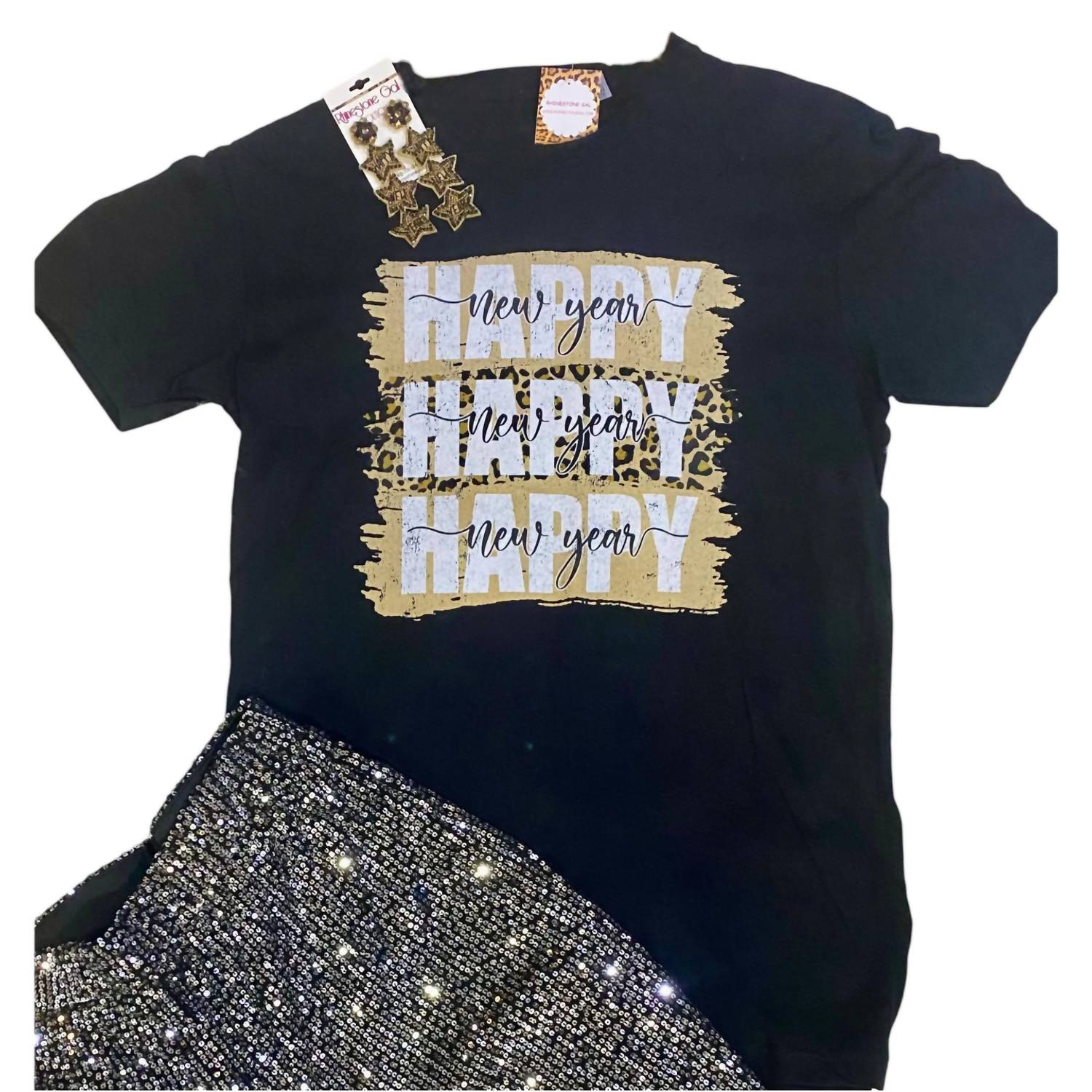 

Женская футболка с леопардовым принтом Happy New Year черного цвета Way Down South