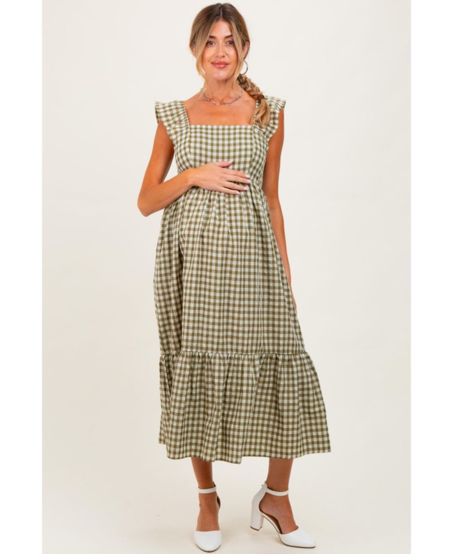 

Платье миди для беременных в оливковую клетку с оборками на бретелях Pinkblush, Olive green