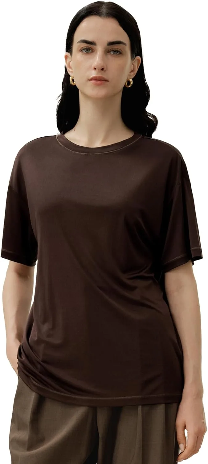 

LilySilk 100% Silk Jersey Oversized T Shirt Loose Style Short Sleeves Summer Casual Tee Tops