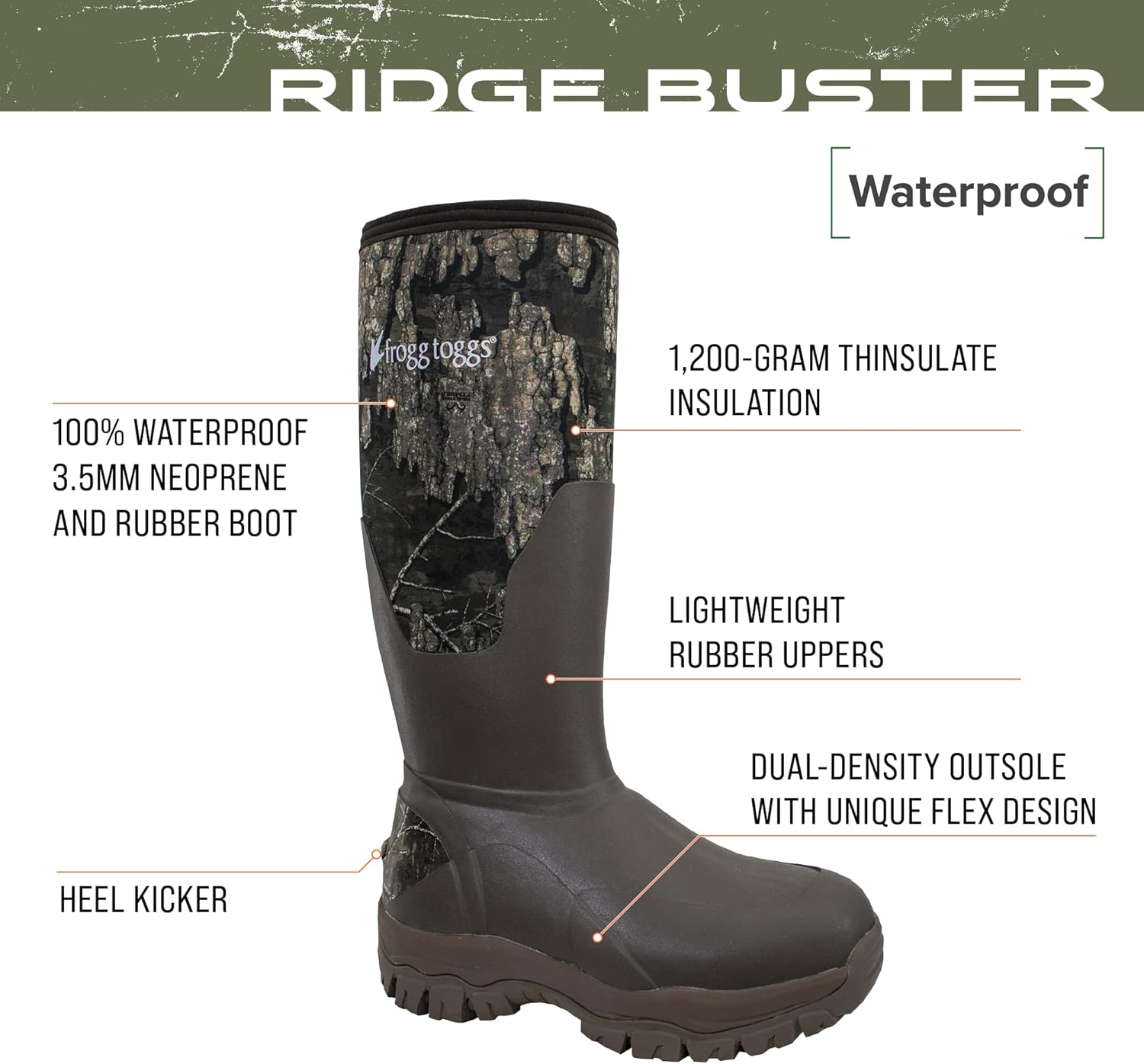 Мужские водонепроницаемые утепленные охотничьи резиновые сапоги FROGG TOGGS Ridge Buster с неопреном и Thinsulate — фото 3