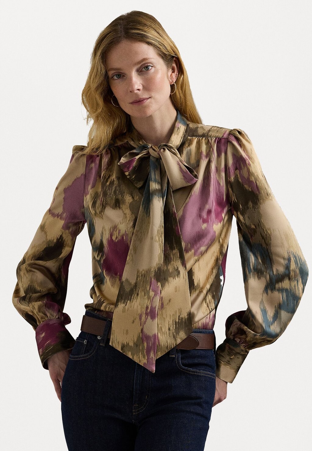 

Блузка на пуговицах FLORAL SATIN CHARMEUSE TIE NECK BLOUSE Lauren Ralph Lauren, цвет Tan
