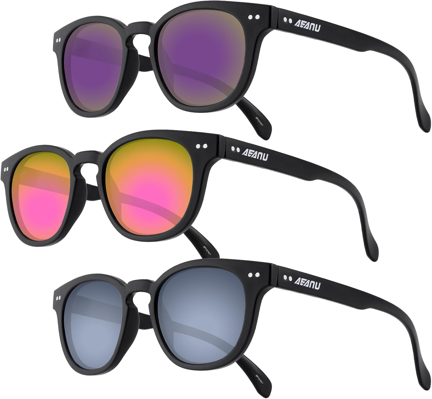

Поляризованные солнцезащитные очки для подростков – линзы UV400 с цветным зеркальным покрытием, матовая круглая оправа, для маленьких лиц – для велоспорта и активного отдыха AEANU, 3pack - Purple/Pink/Silver