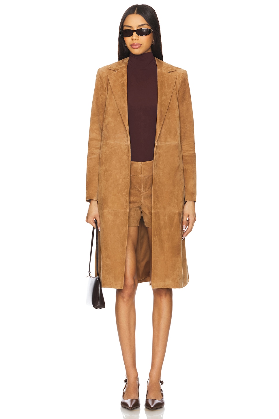 

Замшевое пальто фасона "флэр" с оборкой Karley от Alice + Olivia, camel