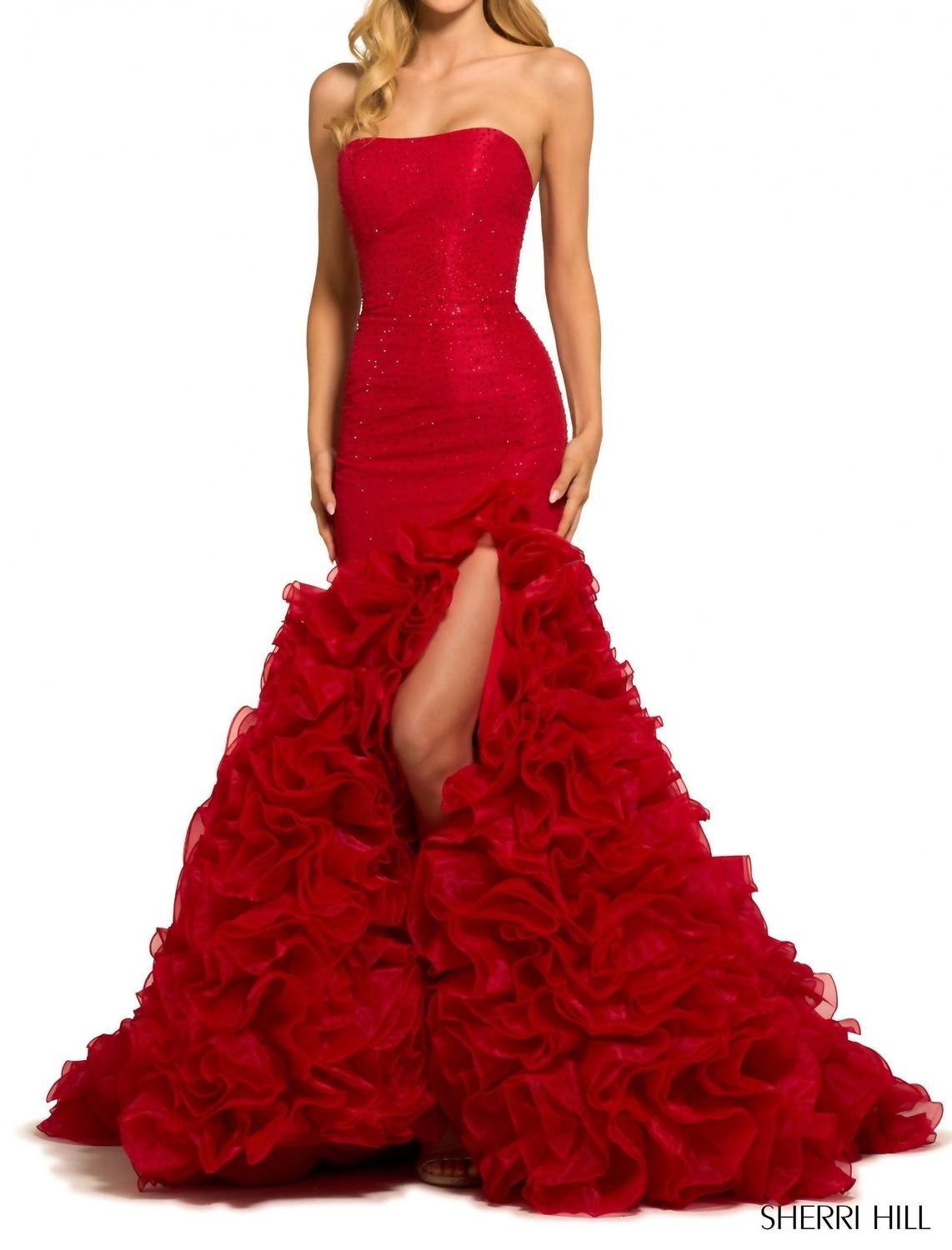 

Бесплечее красное платье-русалка из тафты Sherri Hill