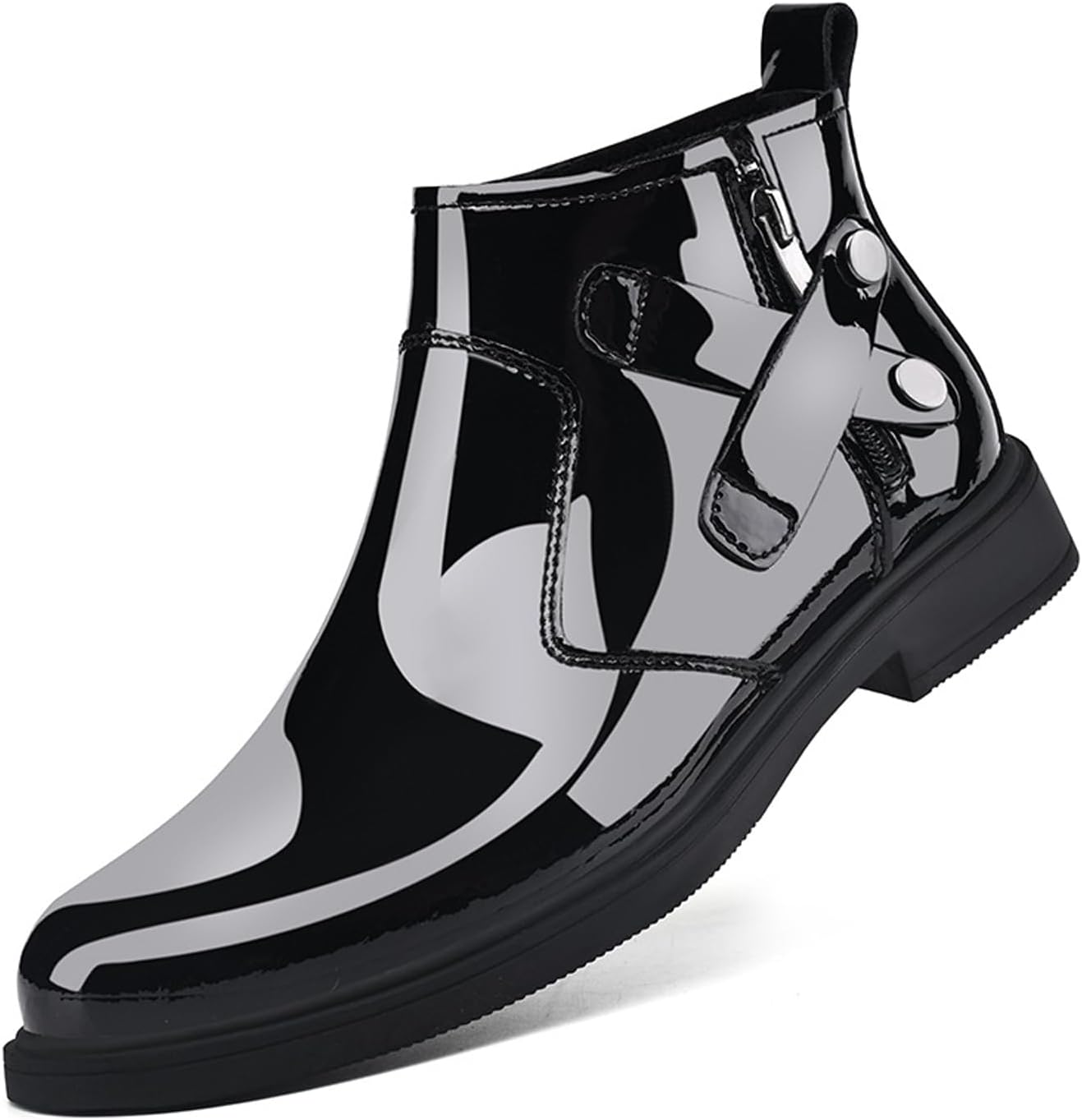 

Мужские лакированные ботинки челси на массивном каблуке с боковой молнией, ретро-стиль, закругленный каблук, квадратная текстура, теплая плюшевая подкладка, деловые, формальные, короткие ботинки Nelsbrex, черный