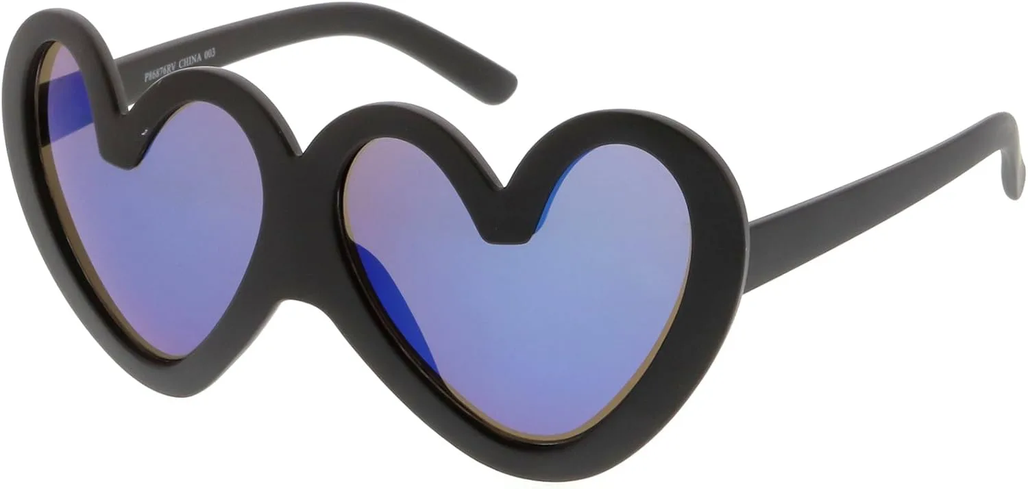 

zeroUV - Симпатичные солнцезащитные очки большого размера с матовыми цветными зеркальными линзами в форме сердца, диаметр линз 55 мм, Black / Blue Mirror