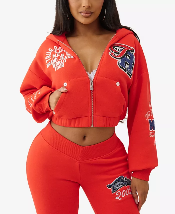 

Женская толстовка с капюшоном на молнии с кристаллами True Religion, красный