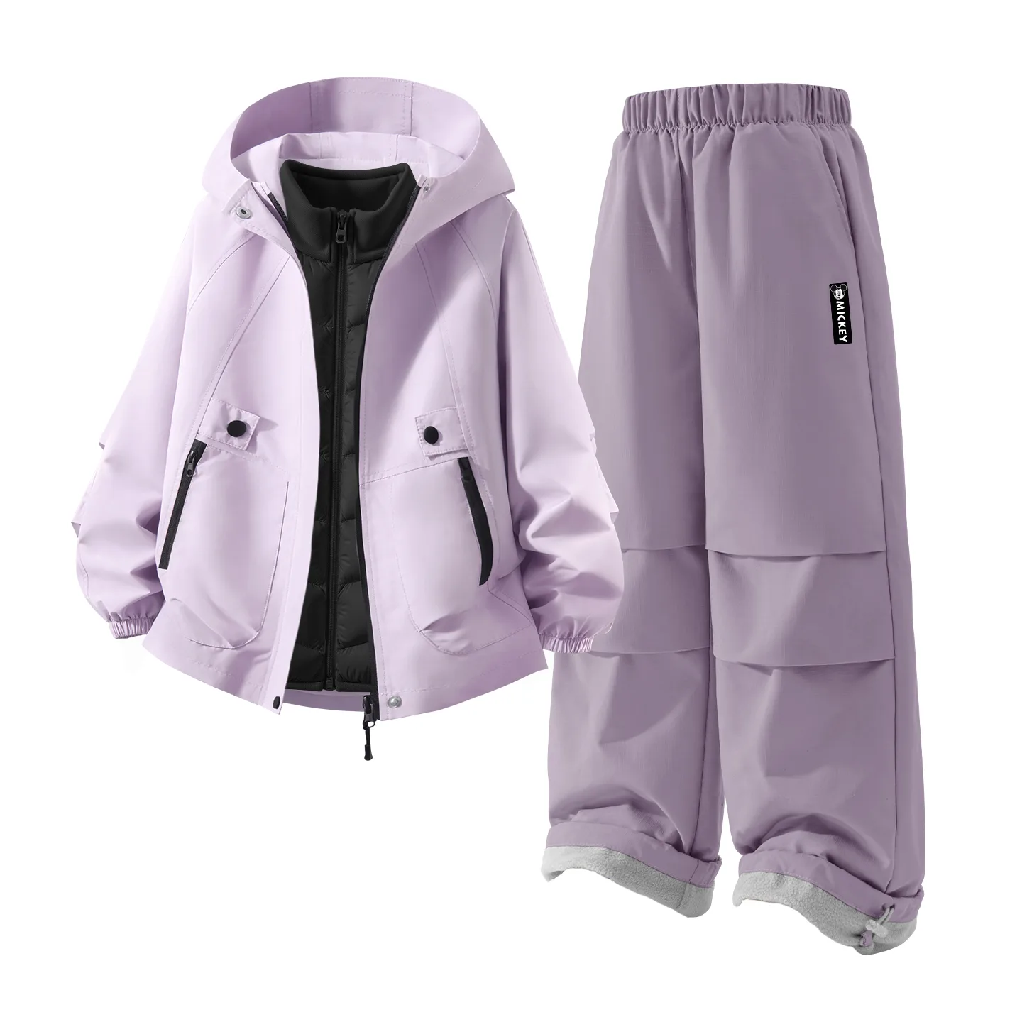Детский спортивный костюм с круглым вырезом Disney, [Thickened Thermal Three-Piece Set]Solid Color Purple+DiH Long Hook-and-Loop K Misty Purple+DiH Square Hook-and-Loop K Black