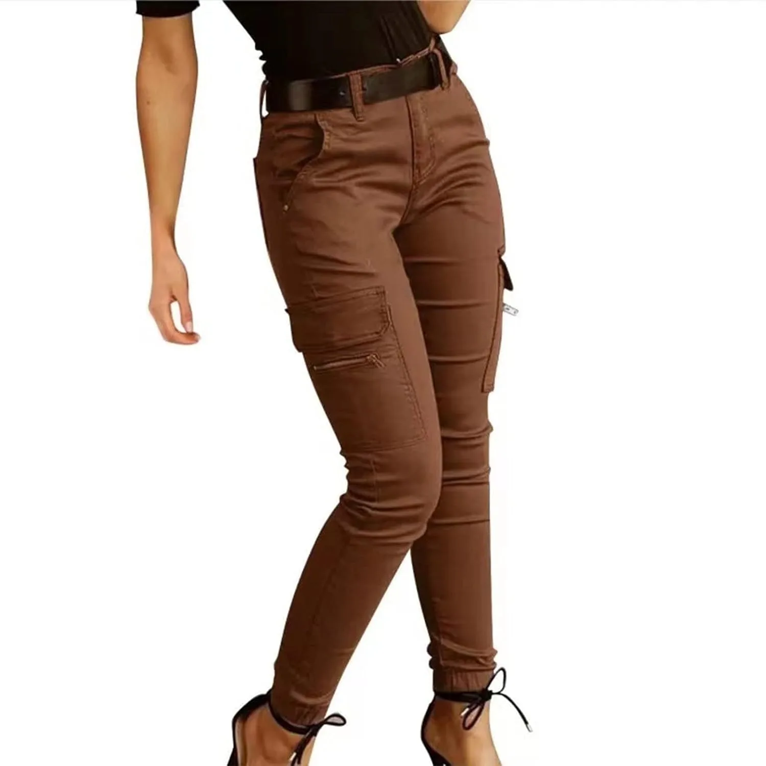 Женские брюки Mid Waist Skinny Casual Jogger Motorcycle Cargo с зауженным кроем, эластичные, с клапанами на карманах Generic, коричневый