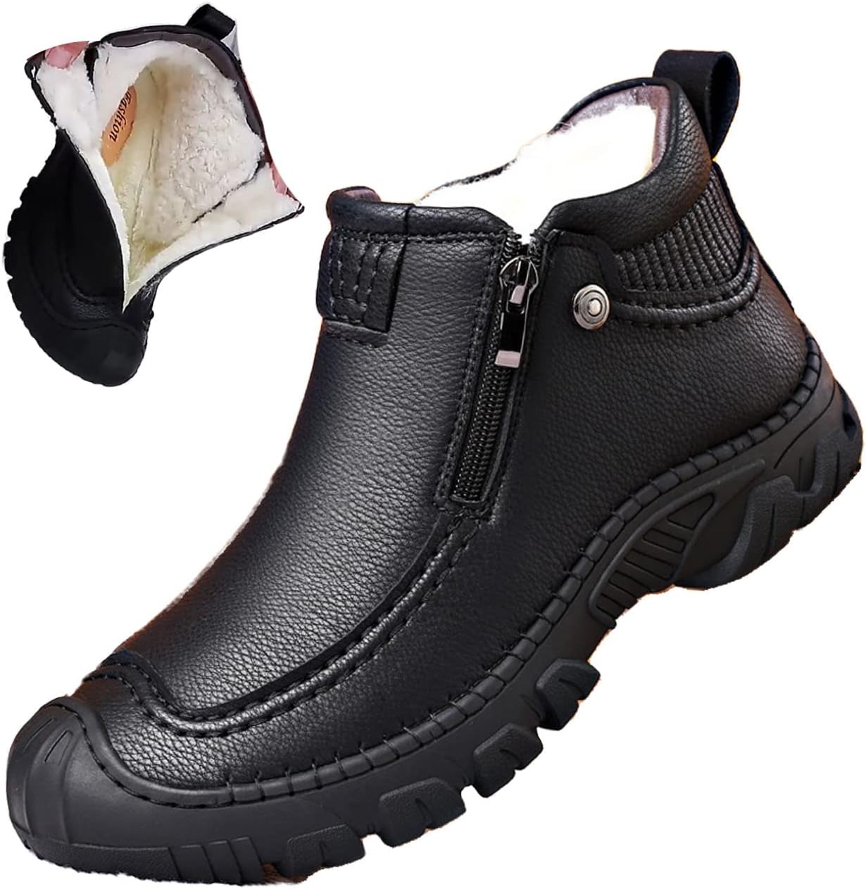 

Мужские зимние водонепроницаемые туристические сапоги MOYOWEI, круглый носок, теплые флисовые средние ботинки с молнией, нескользящие, для треккинга, высота до щиколотки, черный