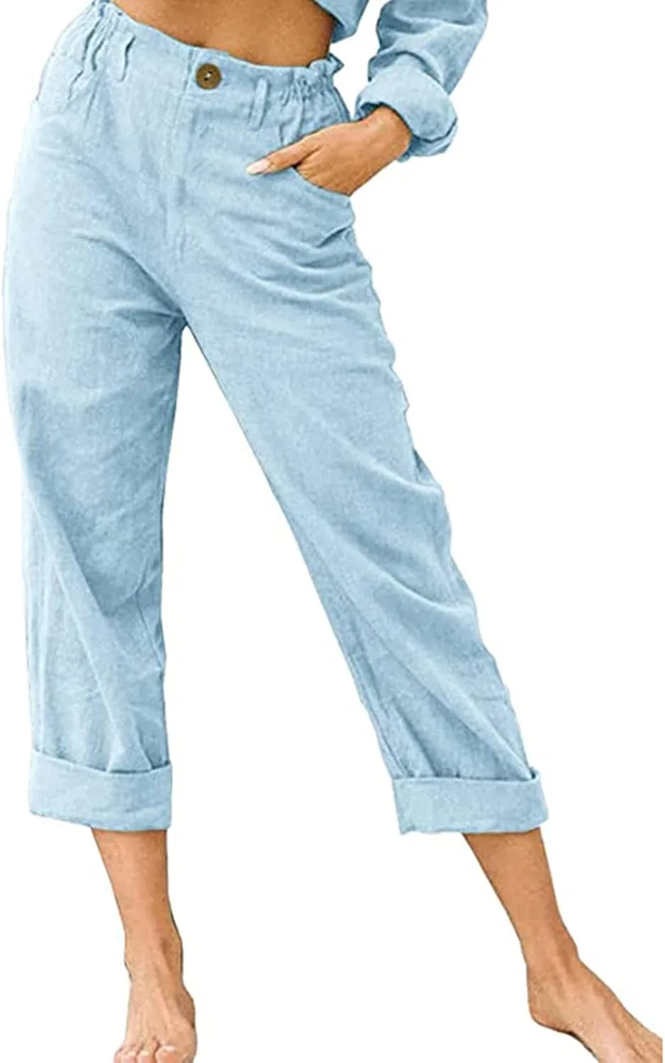 

Женские капри с пуговицами на высокой талии из льна