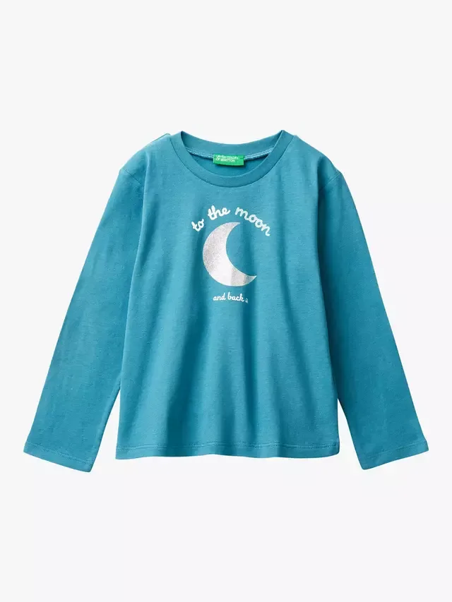Детская футболка Cotton To The Moon с графическим принтом, синяя Benetton