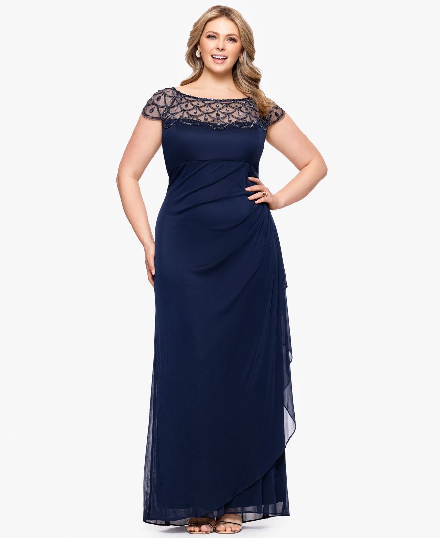 

Платье-футляр большого размера из прозрачной ткани с вырезом-лодочкой XSCAPE, Navy