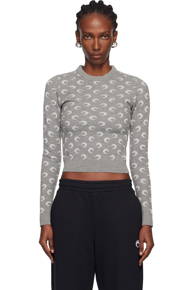 

Marine Serre Свитер с круглым вырезом, жаккардовый, серого цвета, облегающий