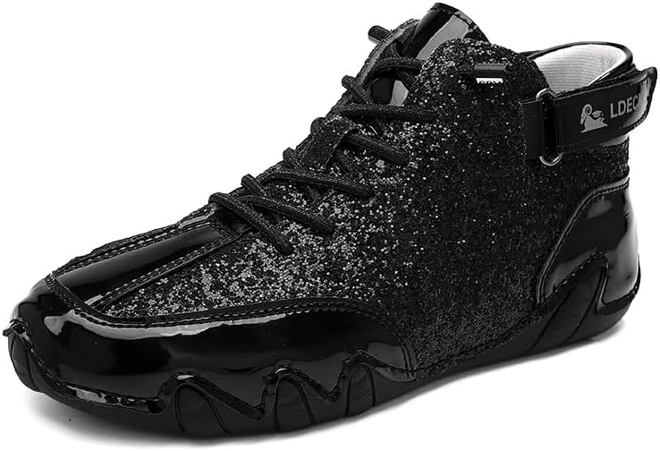 

Мужские высокие блестящие кроссовки с округлым носком, шнуровкой, удобные, противоскользящие, с липучкой и пайетками, ботильоны Generic, черный