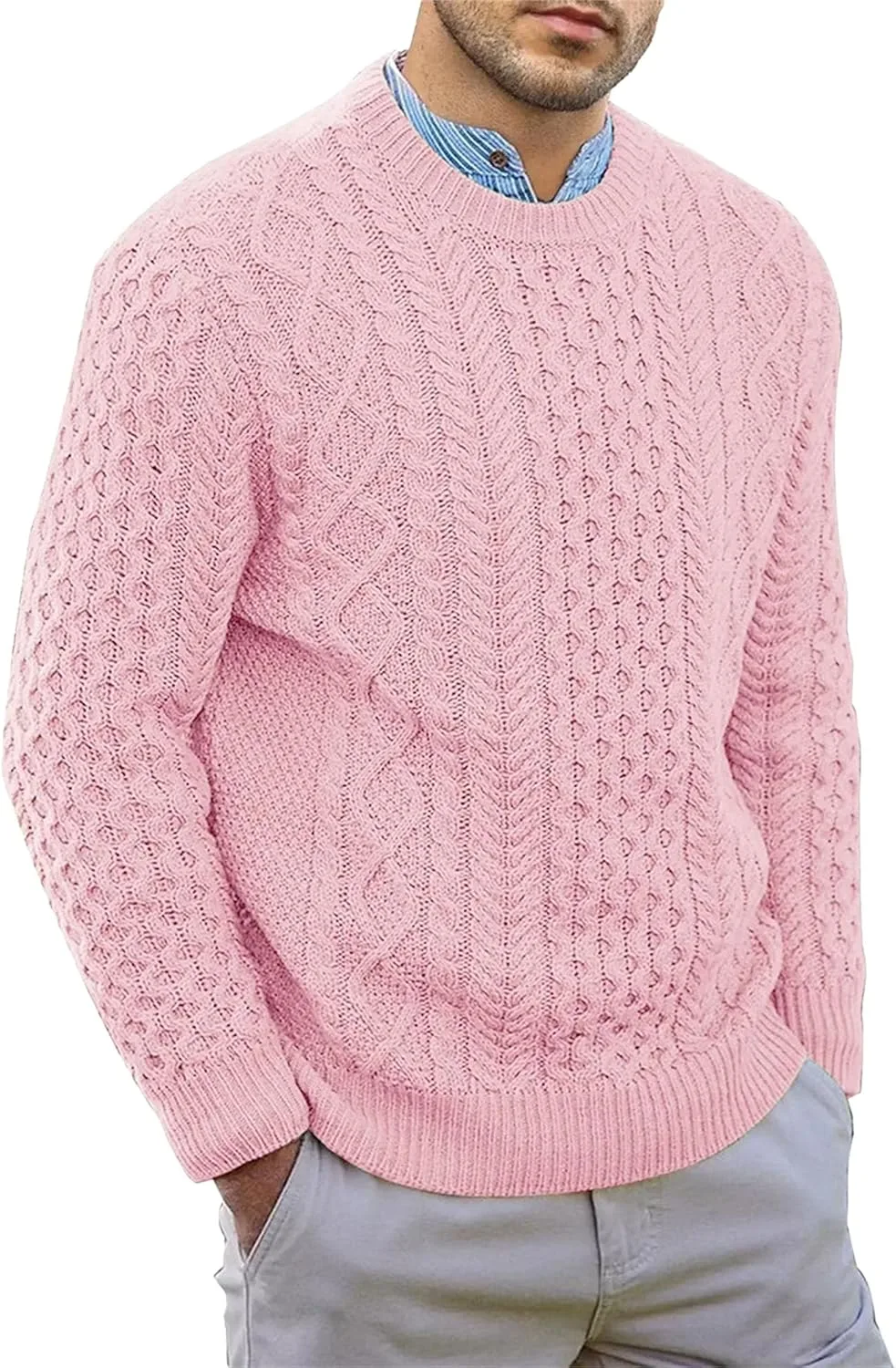 

JEShifangjiusu мужской свитер с круглым вырезом Slim Fit легкий кабельная вязка