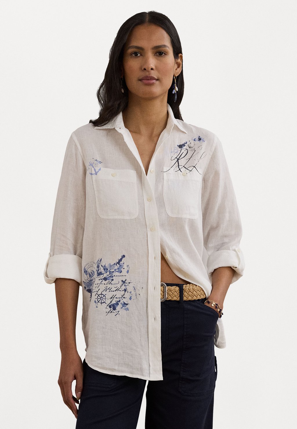 

Блузка на пуговицах Relaxed Fit Print Roll Tab Sleeve Shirt Lauren Ralph Lauren, белый