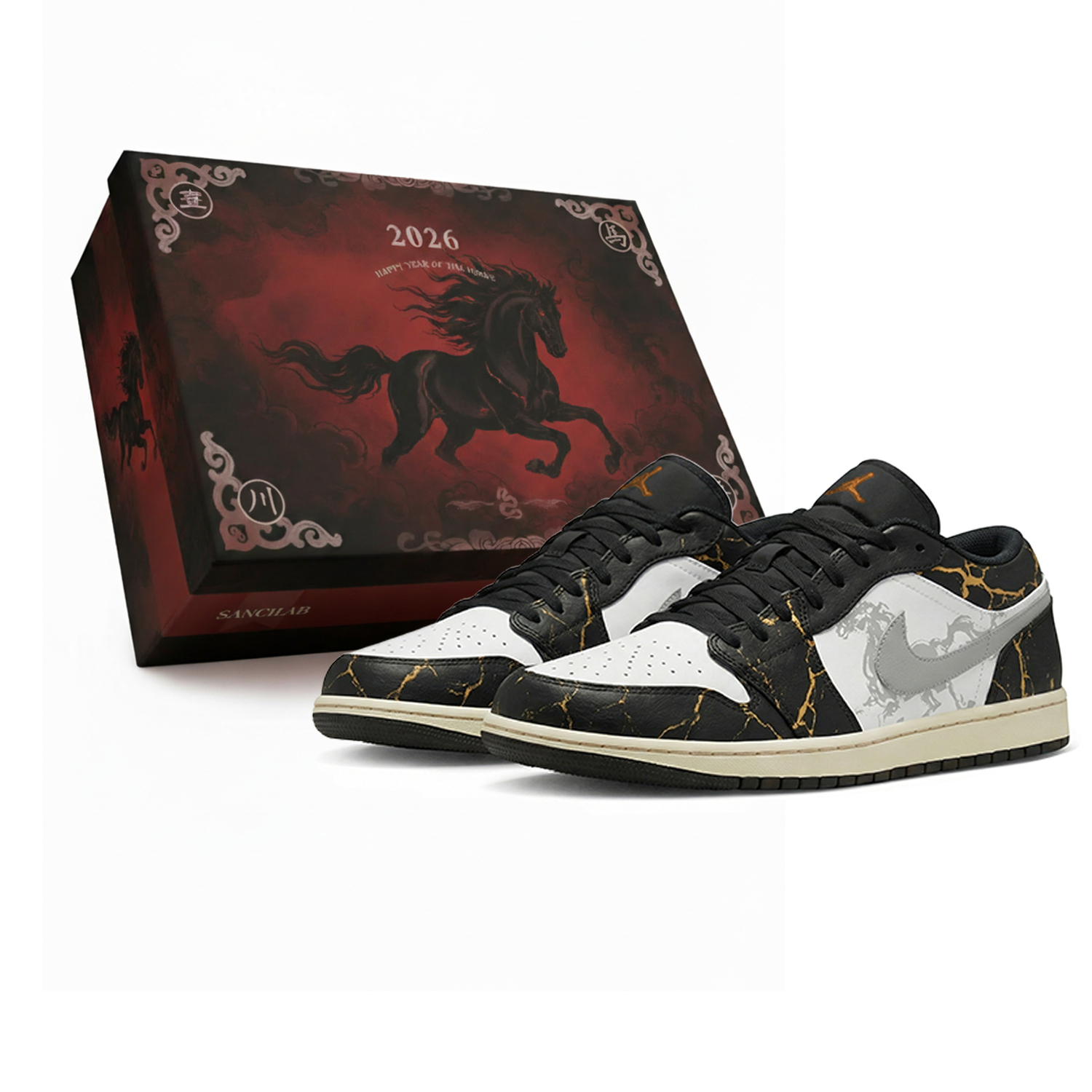 

Jordan Air 1 Low CNY Horse Year, Three Times Laboratory, Golden Pattern Swift Shadow, Box Abrasion Resistant