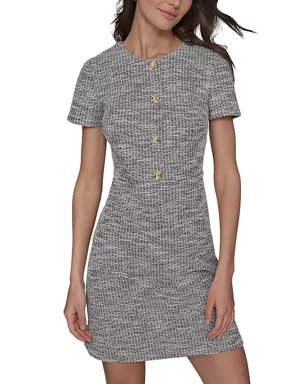 

Вязаное твидовое платье А-силуэта с цветочными пуговицами Karl Lagerfeld Paris, серый
