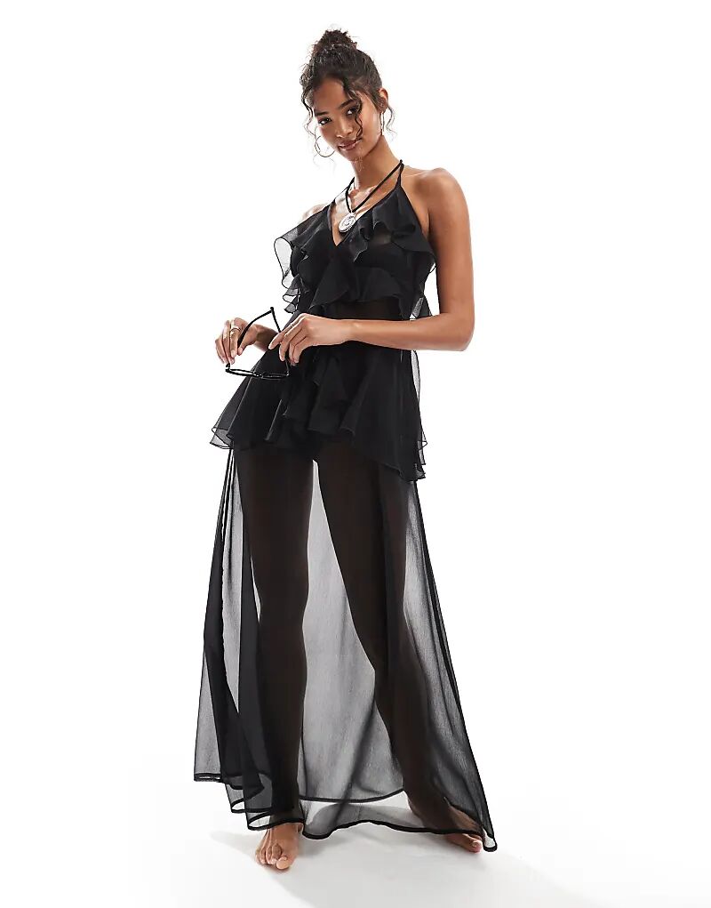 

Пляжное шифоновое платье макси Miss Selfridge с оборками черного цвета