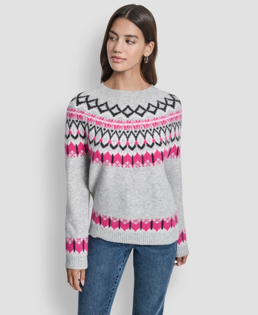 

Женский свитер с круглым вырезом и рукавами реглан в стиле Fair Isle DKNY Jeans, Festve Pink Combo