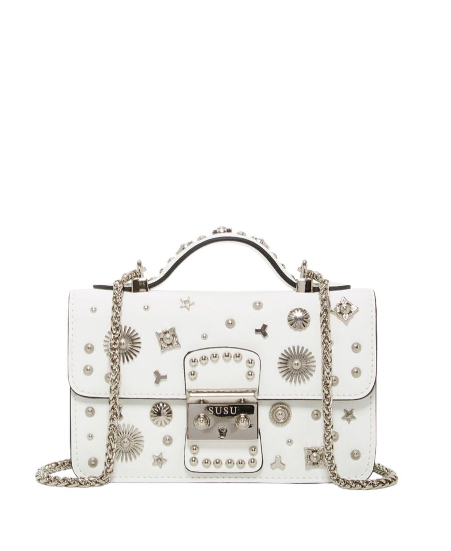 

Маленькая кожаная сумка через плечо, украшенная заклепками, с верхней ручкой, структурированная сумка SUSU, White