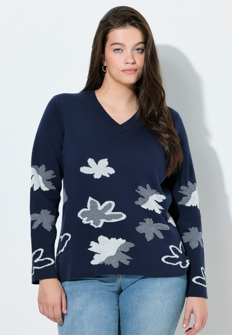 

Джемпер Ulla Popken BLÜTEN V-AUSSCHNITT LANGARM, Marine/Dark Blue