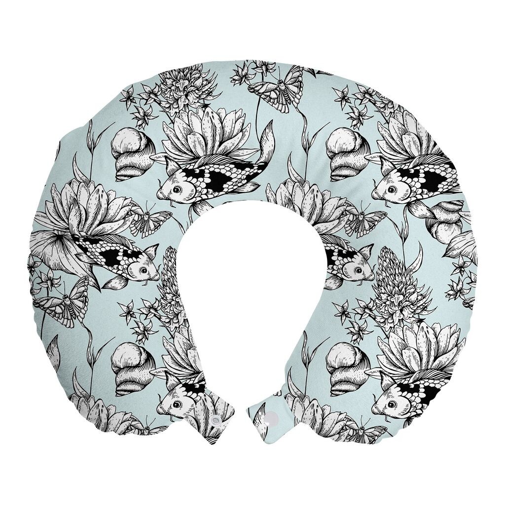 

ABAKUHAUS Shabby Flora Дорожная подушка для шеи, цветы из прудовой воды, пенопластовые дорожные принадлежности для самолета и автомобиля, 30x30 см, нежно-голубой, черный, белый