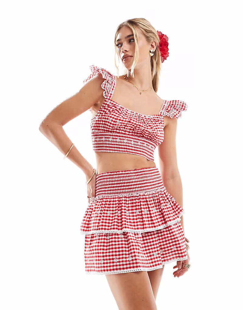 

Комбинируемая многоярусная мини-юбка в клетку красного цвета New Look