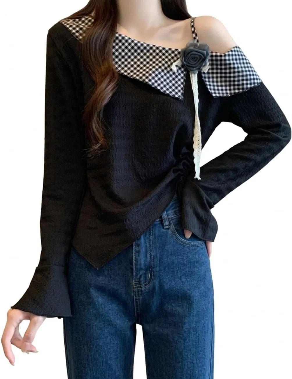 Блуза асимметричная с клетчатым воротником, One Shoulder Top, черный