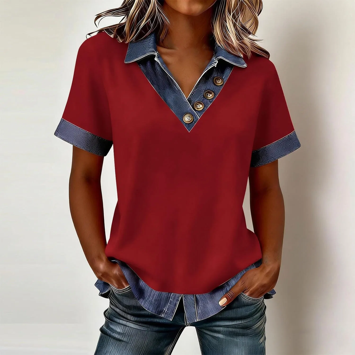 Женская блуза с воротником, джинсовая отделка, короткий рукав, Slim Fit, N003- Deep Red — фото 2