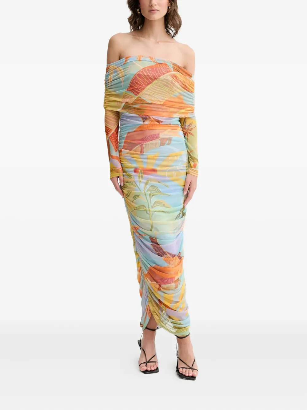 

Макси-платье с присборенной отделкой и открытыми плечами Never Fully Dressed, синий