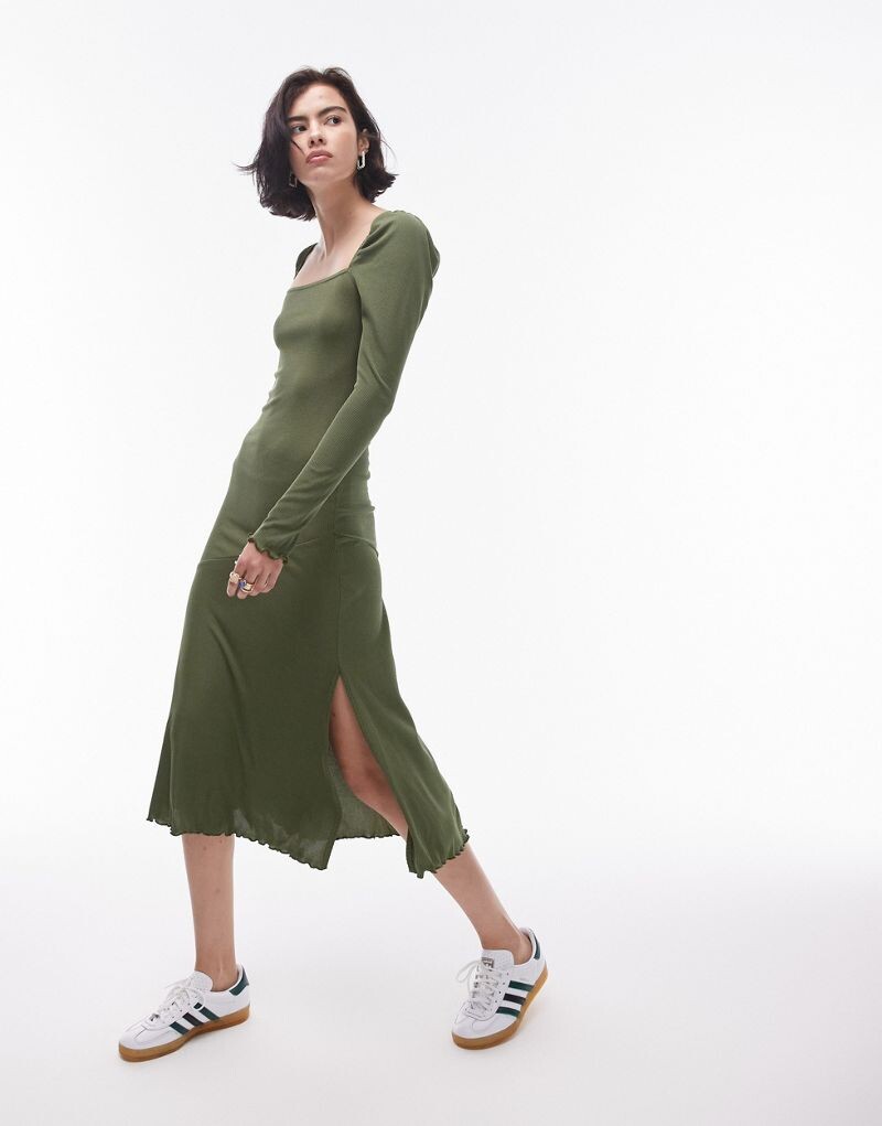 

Оливковое платье миди из джерси с квадратным вырезом Topshop