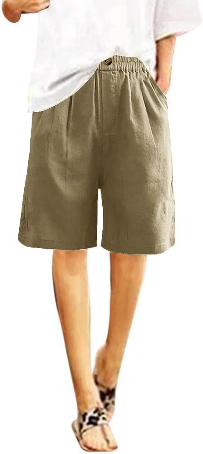 Шорты бермуды из хлопка и льна, khaki, Generic — фото 2