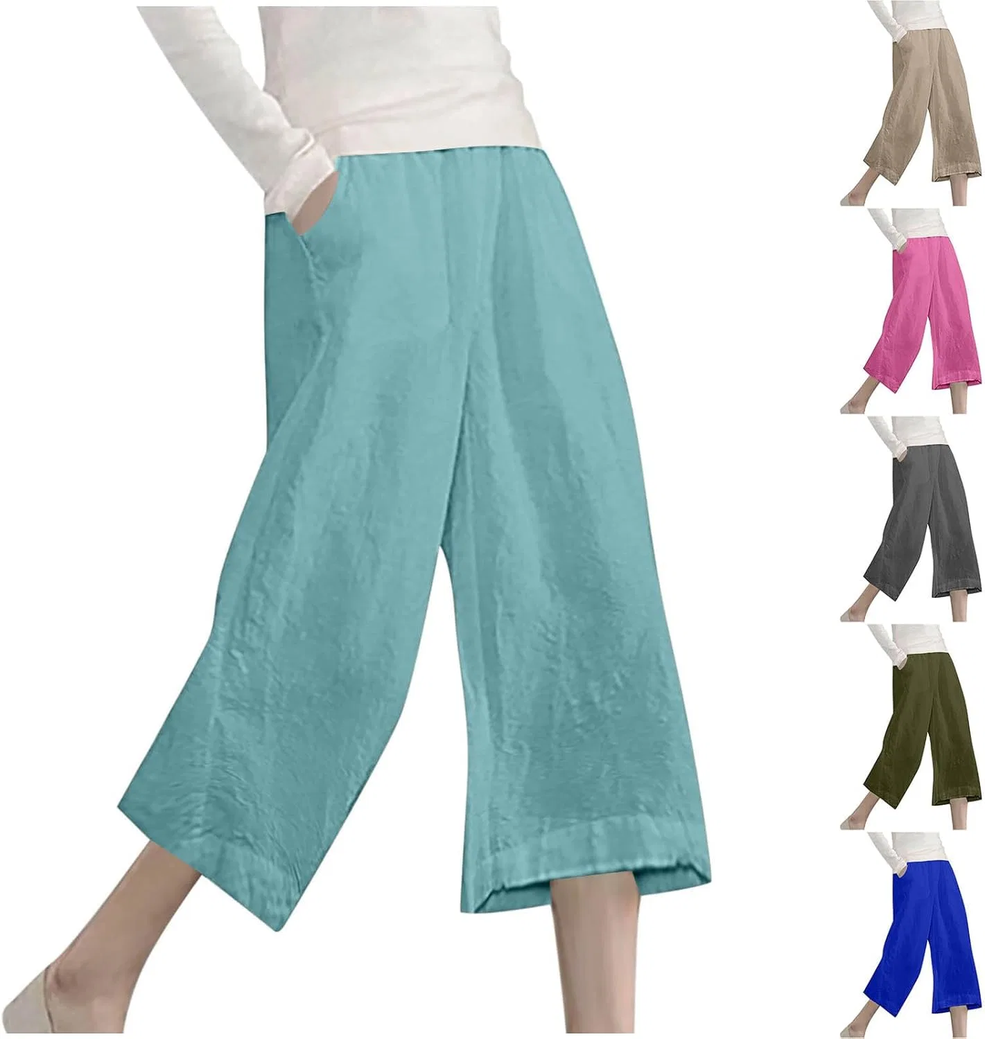 Льняные брюки Women 2026 Wide Leg Capri с карманами, летние, с эластичным поясом, модные укороченные Generic, светло-голубой