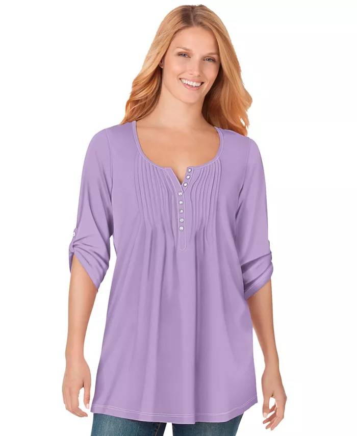 

Плюс сайз в течение 7 дней три четверти рукава с защипами хенли туника Woman Within, фиолетовый