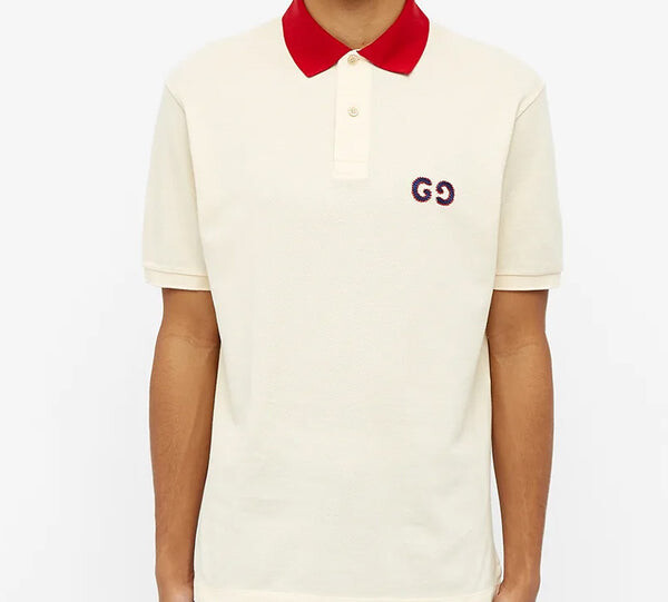 Футболка поло GUCCI Contrast Collar Logo Printed Polo Shirt For Men, бежевый — фото 4