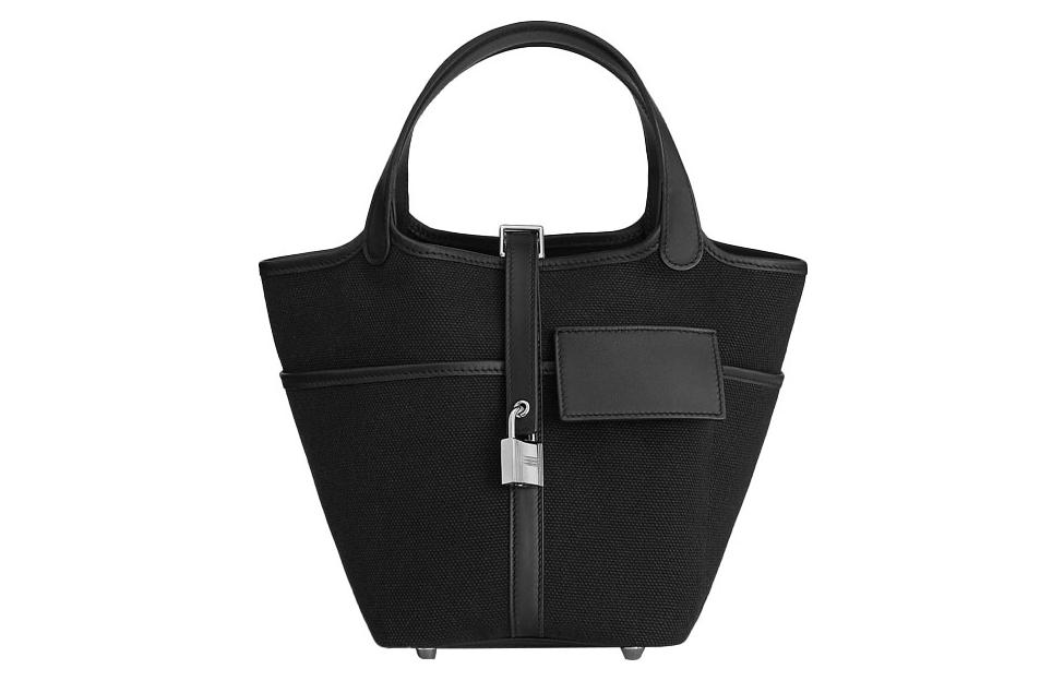 

HERMES Пикотин Лок холщовая сумка со свифт телячьей кожей корзина ведро женская черная 18
