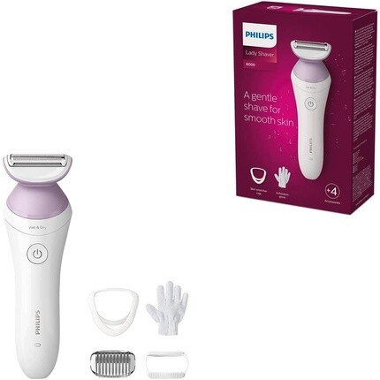 

Lady Shaver Series 6000 Беспроводная бритва для сухой и влажной уборки с 4 аксессуарами, перчатками для чистки тела, насадкой-гребнем, Philips